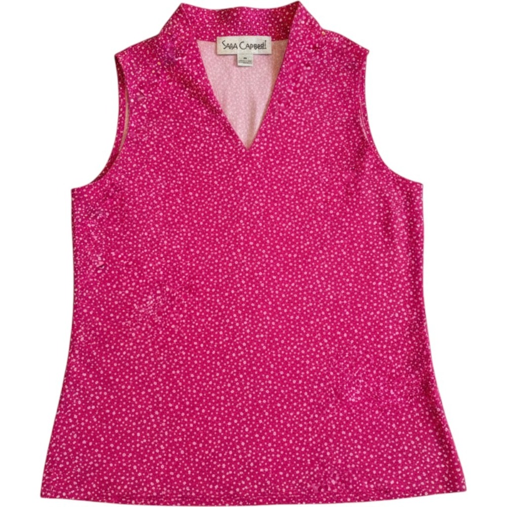 Sara Campbell Tank Top Womens Preppy Medium Pink Polka Dot Split Neck Shell